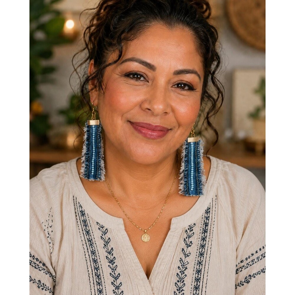 Boho Denim Fringe Blue Jean Handmade Beaded Dangle Earrings Upcycled Jewelry